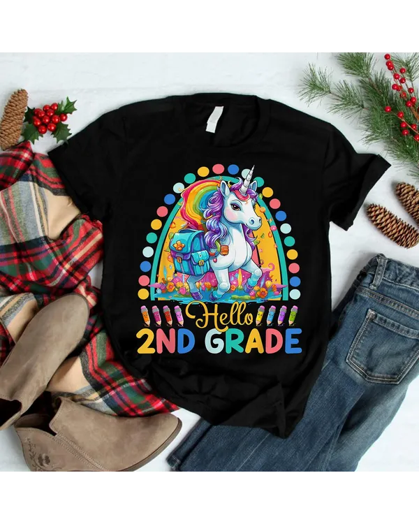 Hello 2nd Grade Unicorn Gifts First Day Teacher Student Kids Shirt