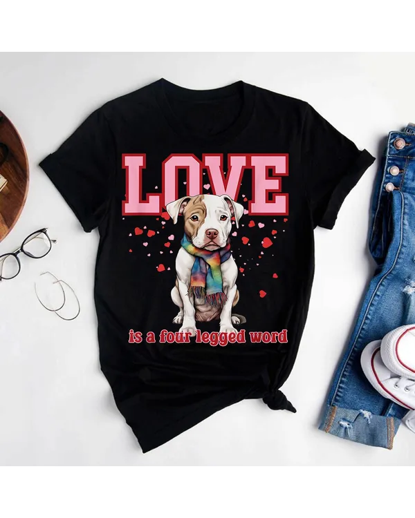 Pitbull Love is a Four Legged Word Pride Valentine Shirt